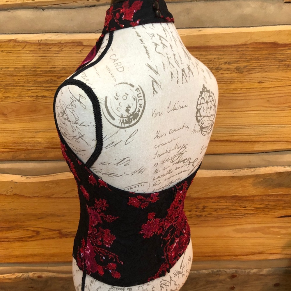 Cache Black & Red Lace With Sequins Halter Top - image 3